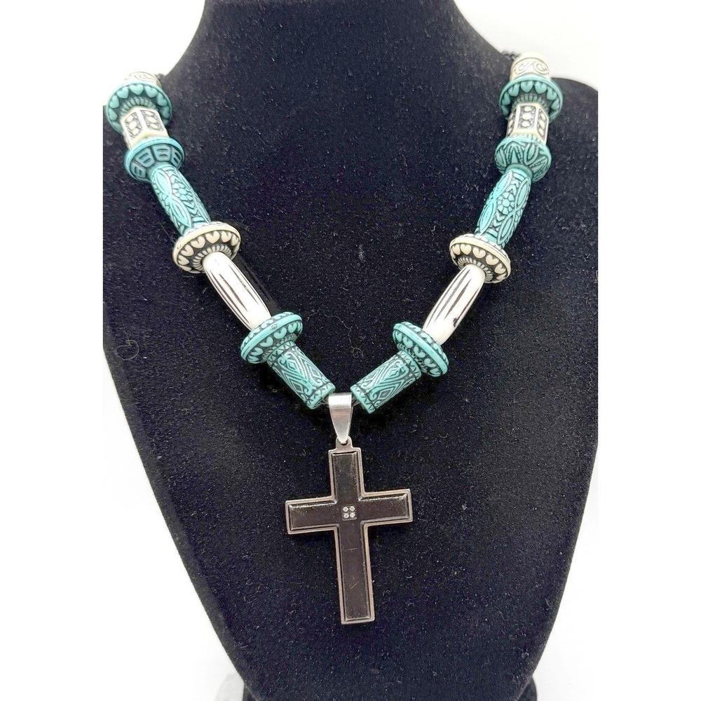 Braided Waxed Cord Cross Bead Necklace Rhinestone Accent 24"‎ Unisex